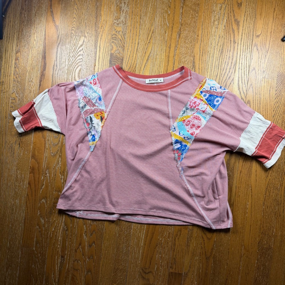 Three Bird Nest Boho Festival Patchwork Striped Top  Mixed Media Floral Medium
